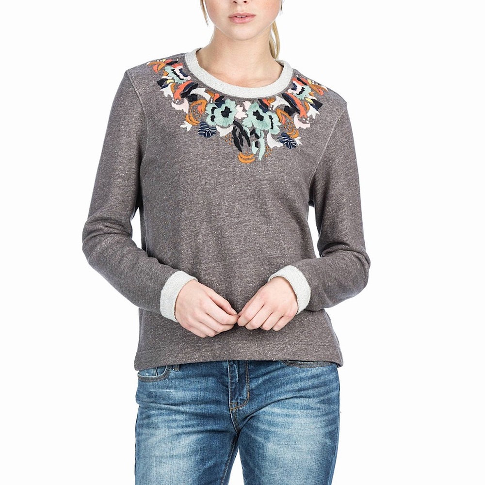 Lilla P Grey-Brown Crewneck Sweatshirt with Multicolor Embroidered Yoke